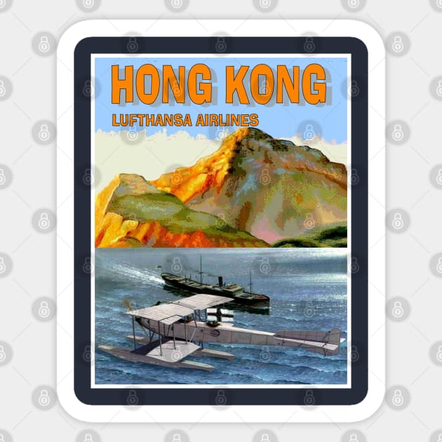 Lufthansa Airlines Vintage Fly to Hong Kong Travel Advertising Poster Print Sticker by posterbobs